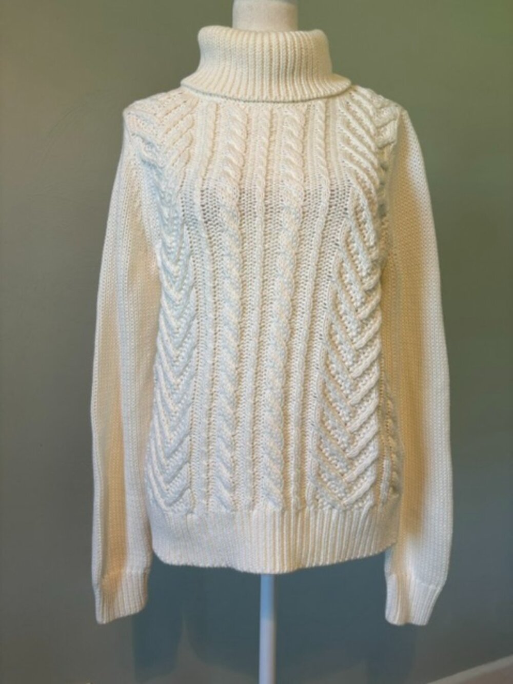 Lands' End Drifter Cream/Ivory Turtleneck Cable Knit Sweater Women's Size Medium